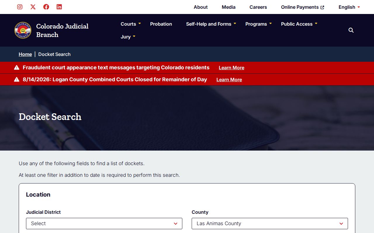Las Animas County case search docket controls