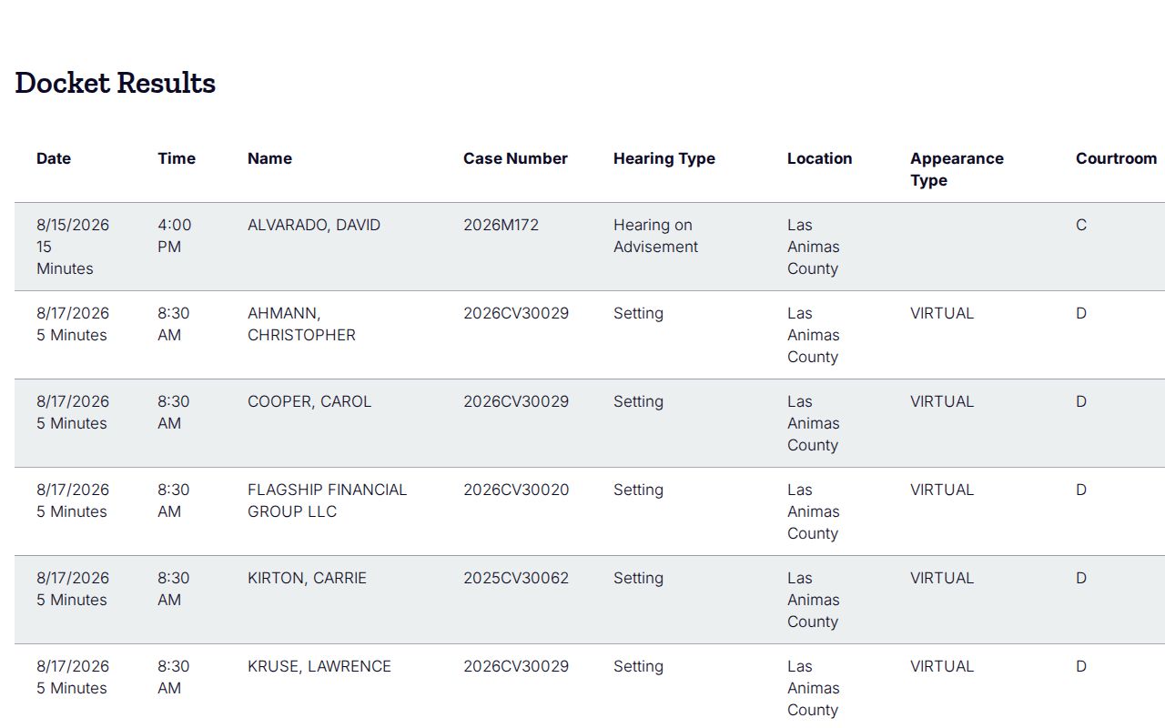 Las Animas County court calendar printable hearing results