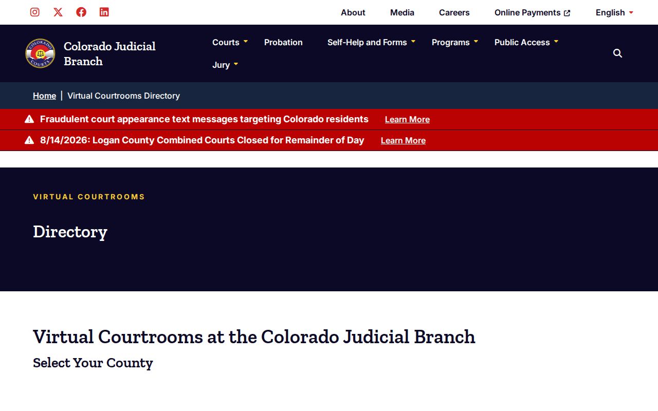 Las Animas County court calendar statewide virtual courtroom directory