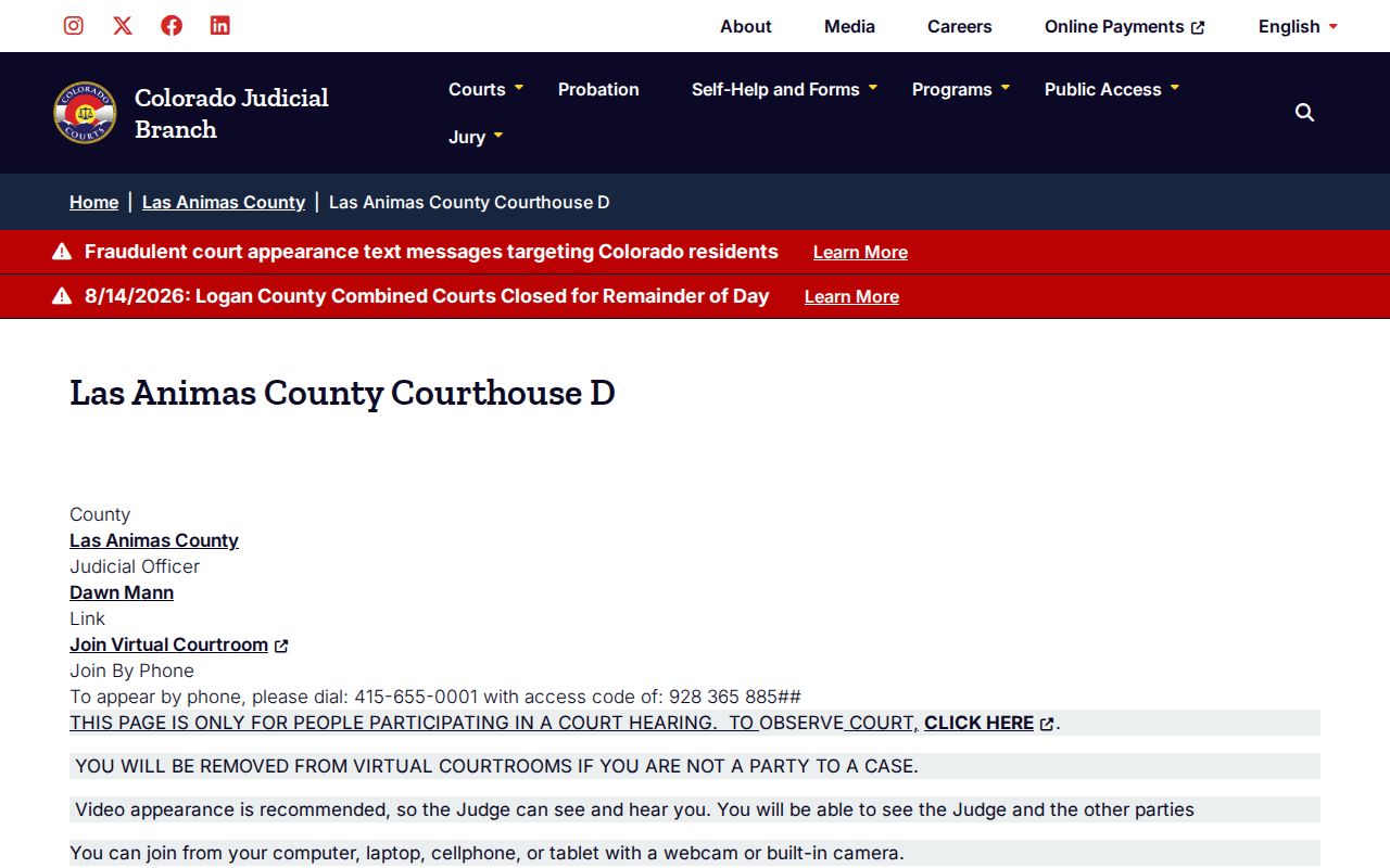 Las Animas County court calendar Virtual Courtroom D instructions