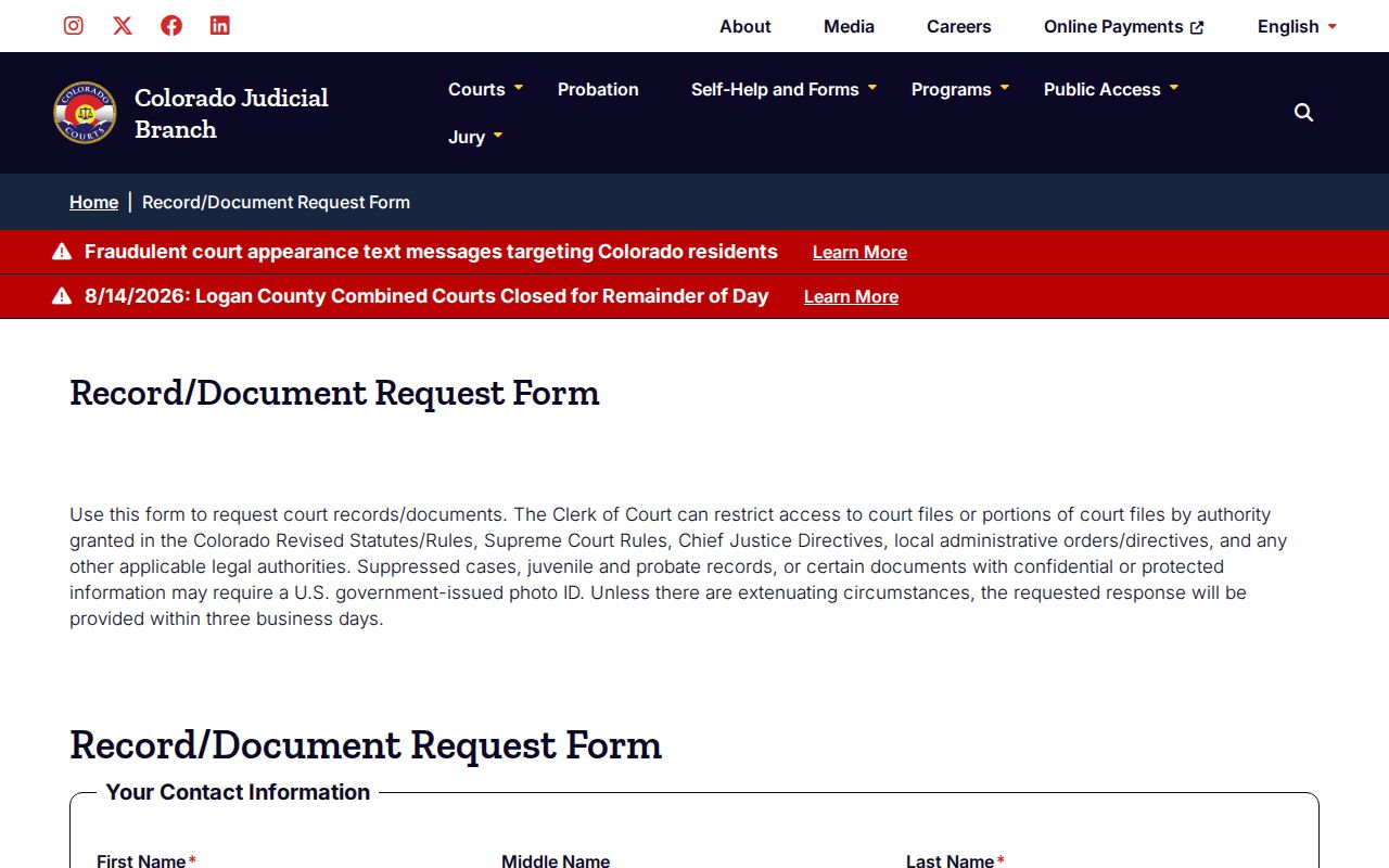 Las Animas County court records request form