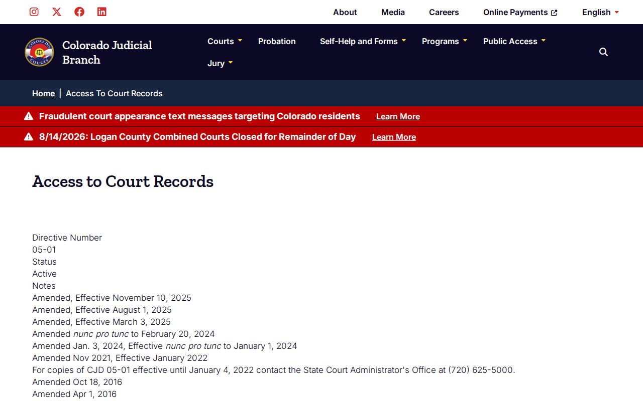 Las Animas County criminal docket CJD 05-01 access page