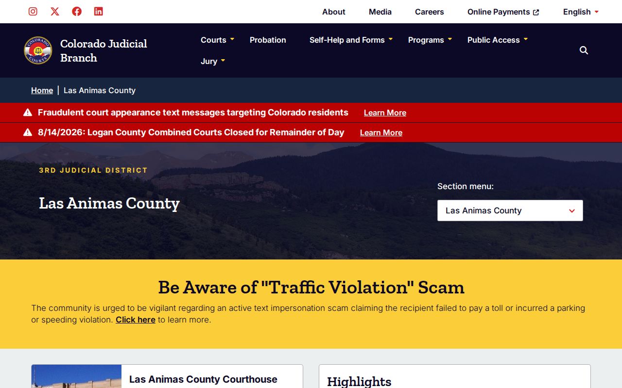 Las Animas County Combined Court docket landing page