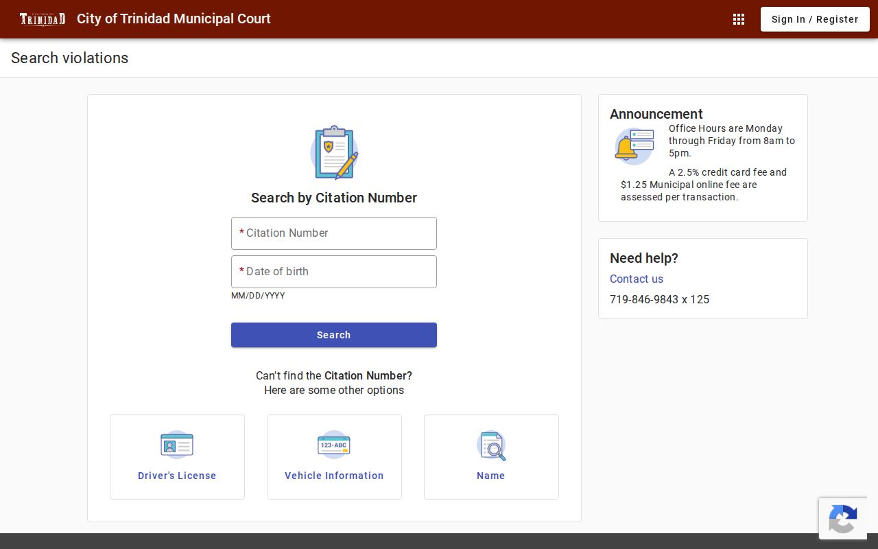 Trinidad court docket citation search on the municipal payment portal